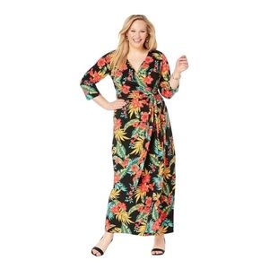 Jessica London Women’s  Black Floral Maxi Wrap Dress M7.